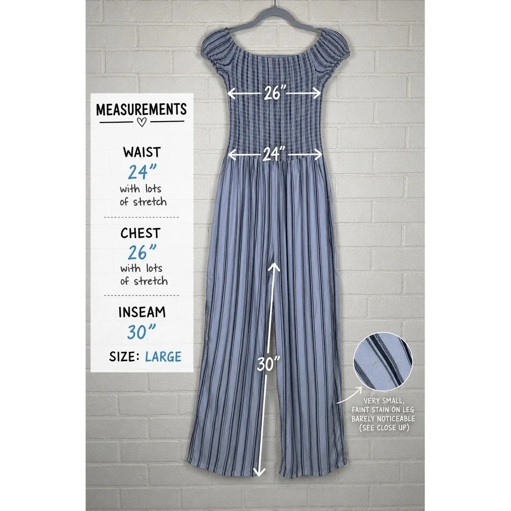 Justify L Smocked Off Shoulder Striped Jumpsuit Blue White Wide Leg Boho‎